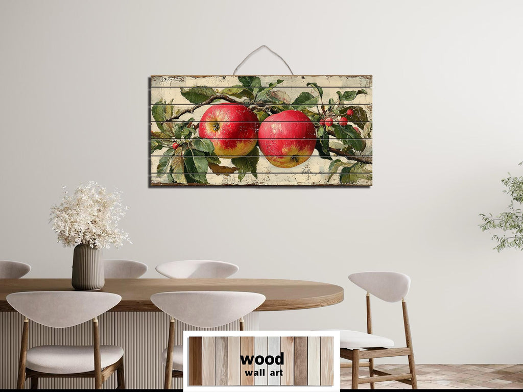 Rustic Red Apples on Branch Distressed Wood Wall Art