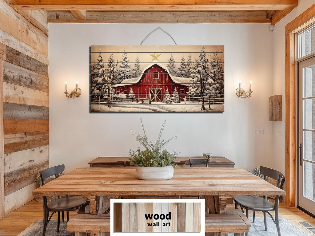 Rustic Red Barn In Snowy Winter Christmas Distressed Wood Wall Art