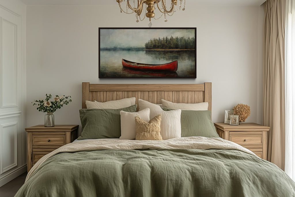 Rustic Red Canoe In The Lake Framed Canvas Wall Art