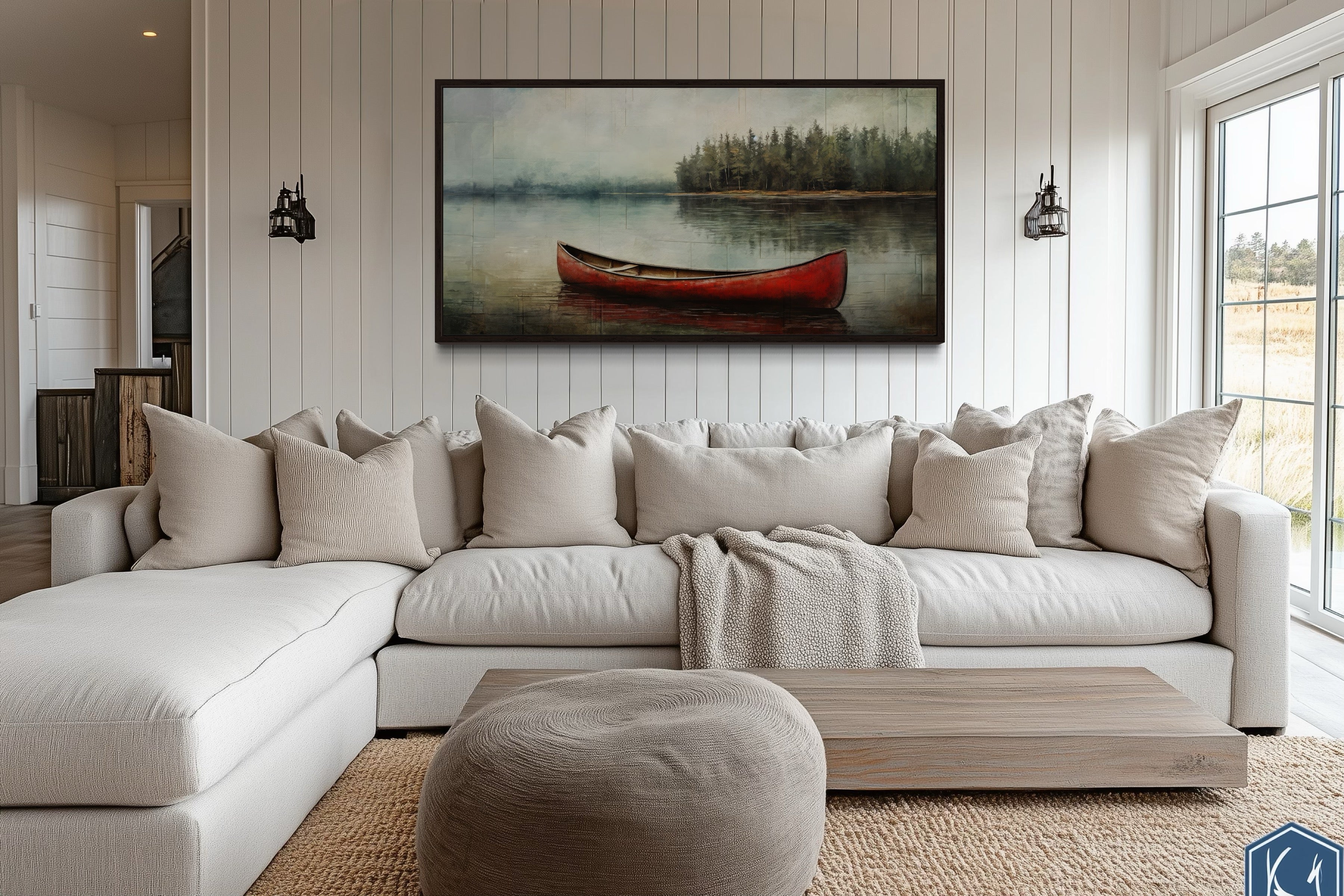 Rustic Red Canoe In The Lake Framed Canvas Wall Art