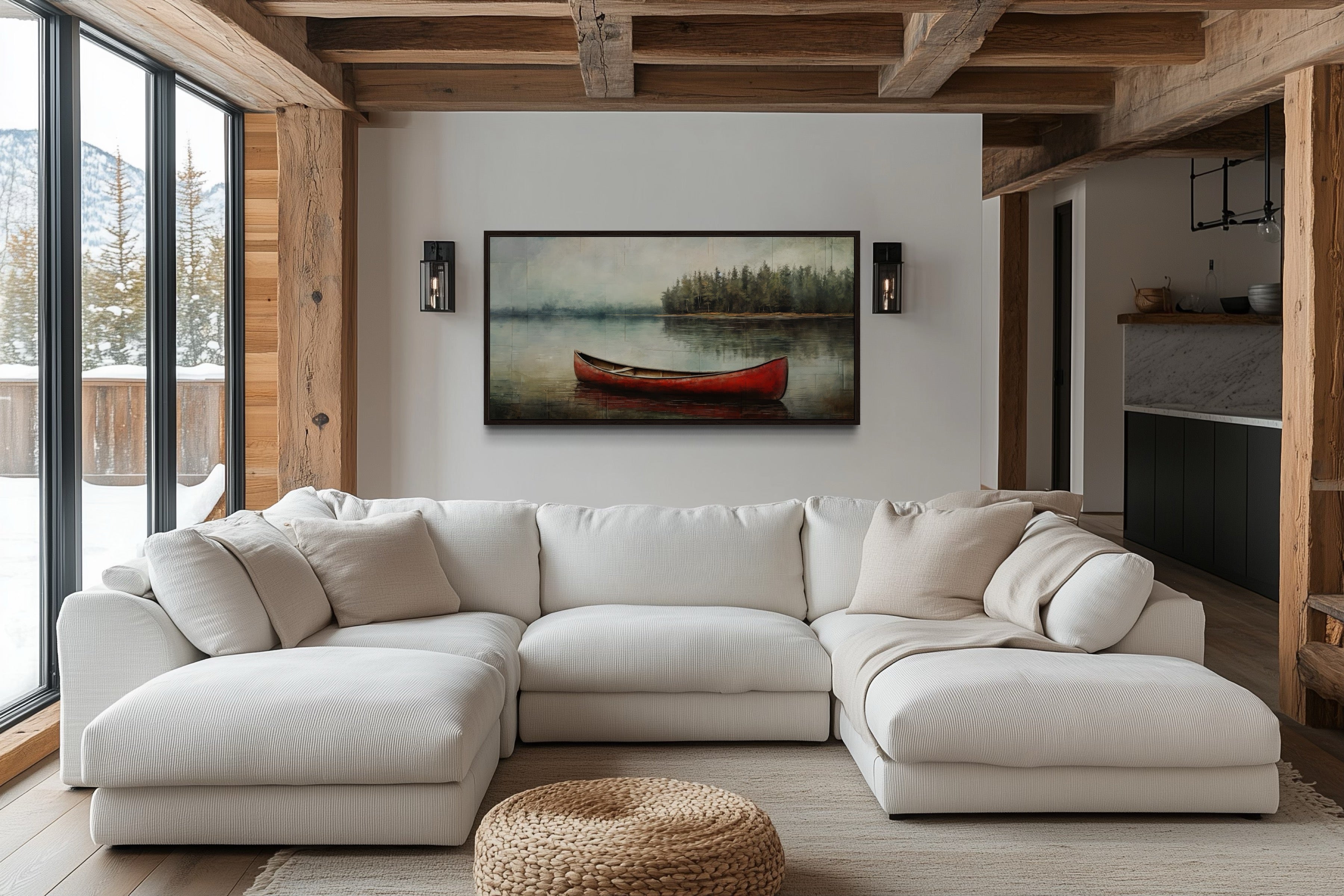 Rustic Red Canoe In The Lake Framed Canvas Wall Art