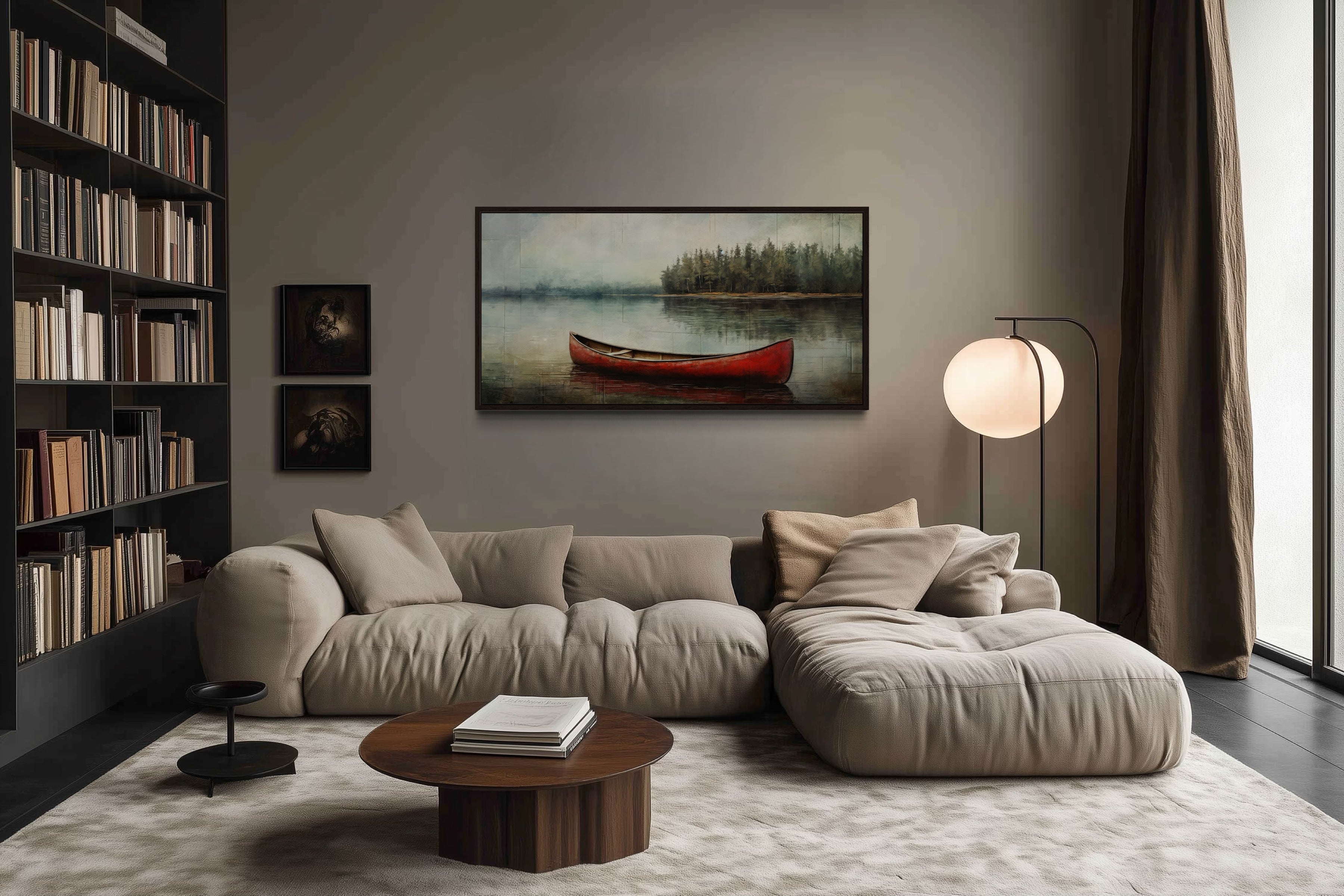 Rustic Red Canoe In The Lake Framed Canvas Wall Art