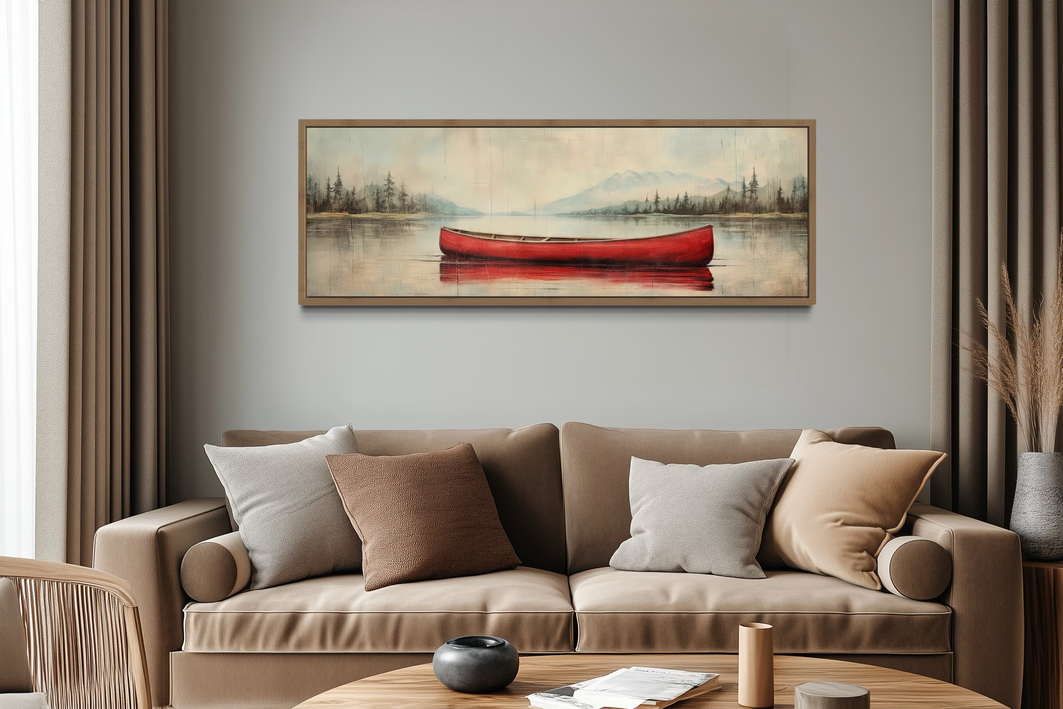 Rustic Red Canoe In The Lake Painted On Wood Framed Canvas Wall Art