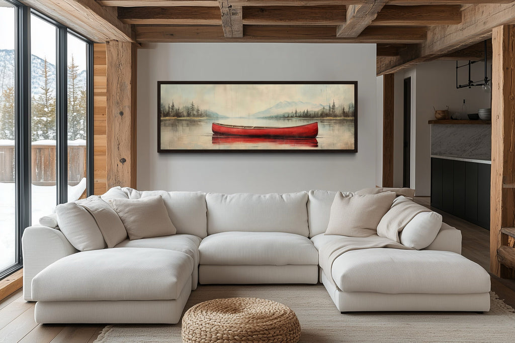 Rustic Red Canoe In The Lake Painted On Wood Framed Canvas Wall Art
