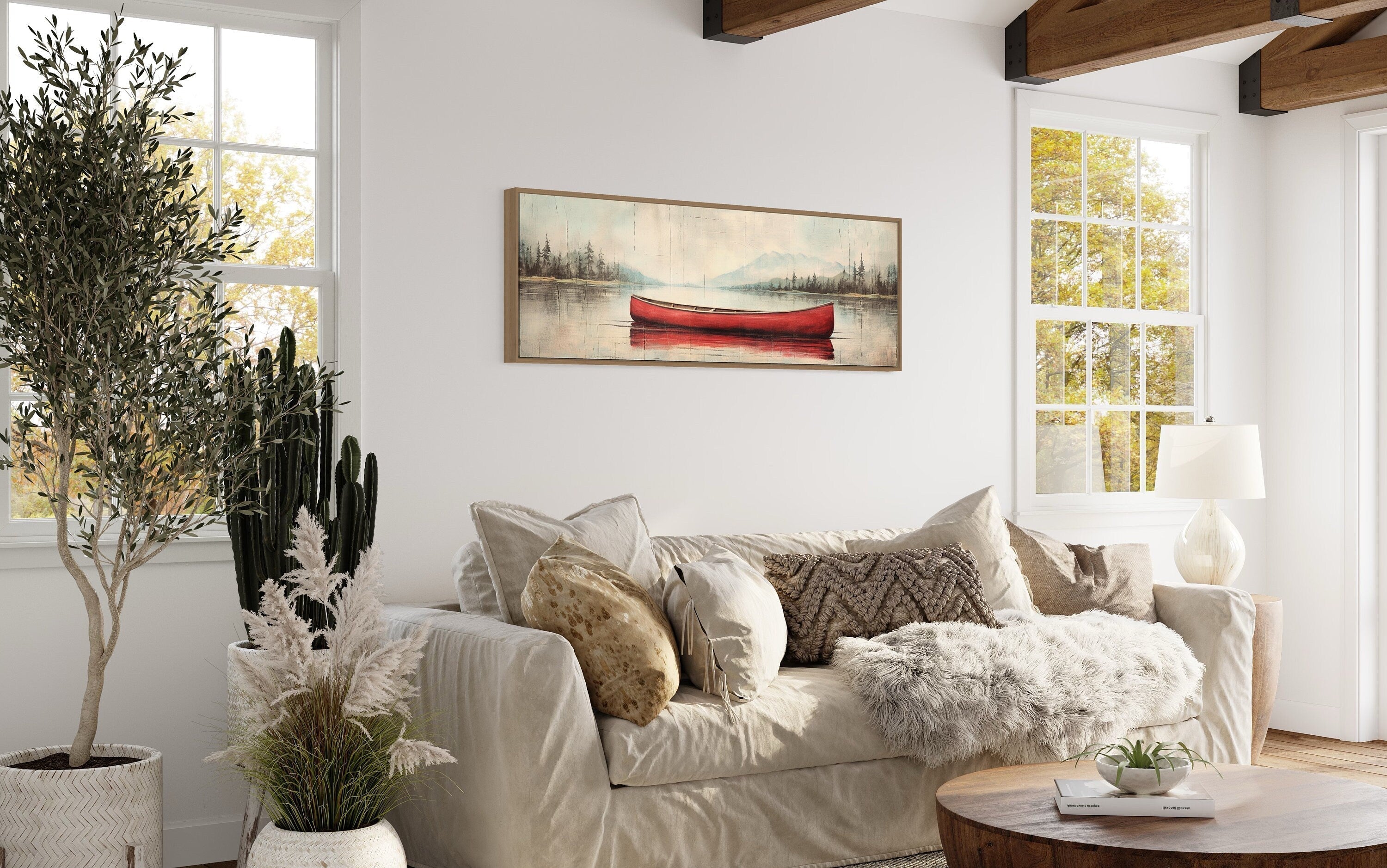 Rustic Red Canoe In The Lake Painted On Wood Framed Canvas Wall Art