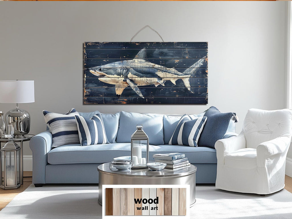 Rustic Shark Ocean Coastal Distressed Wood Wall Art