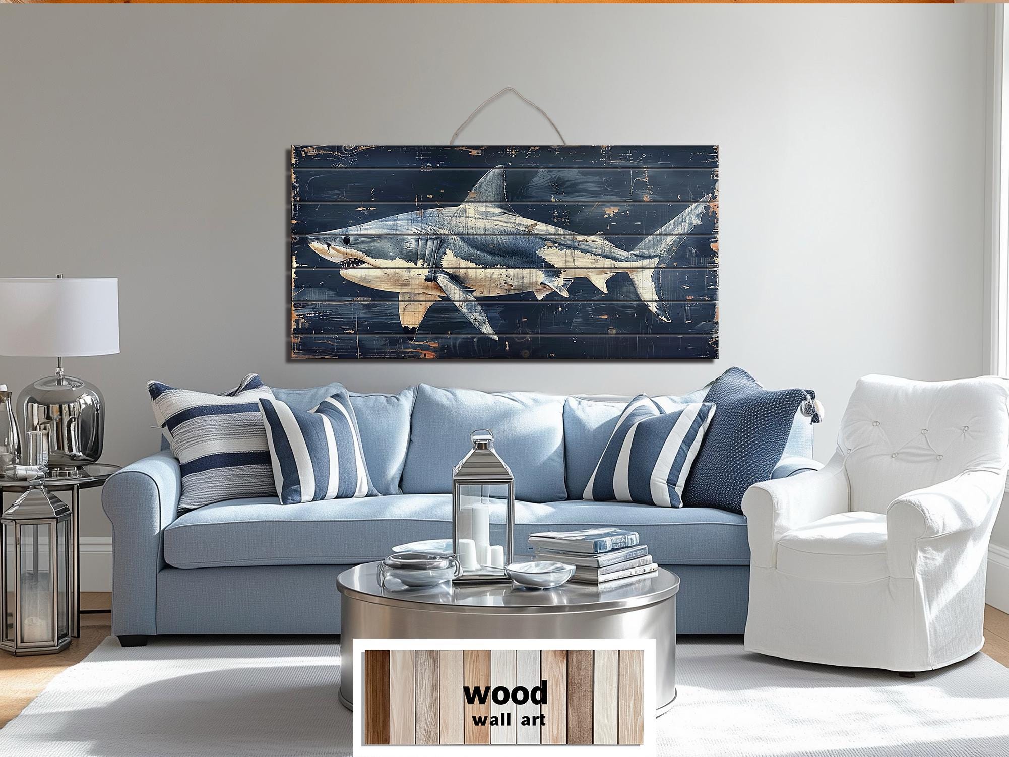 Rustic Shark Ocean Coastal Distressed Wood Wall Art