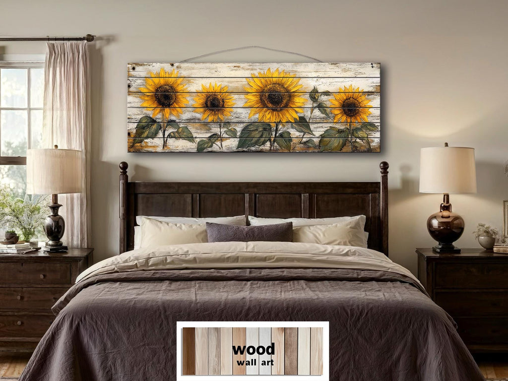 Rustic Sunflower on Whitewashed Wood Panel Long Narrow Distressed Wood Wall Art