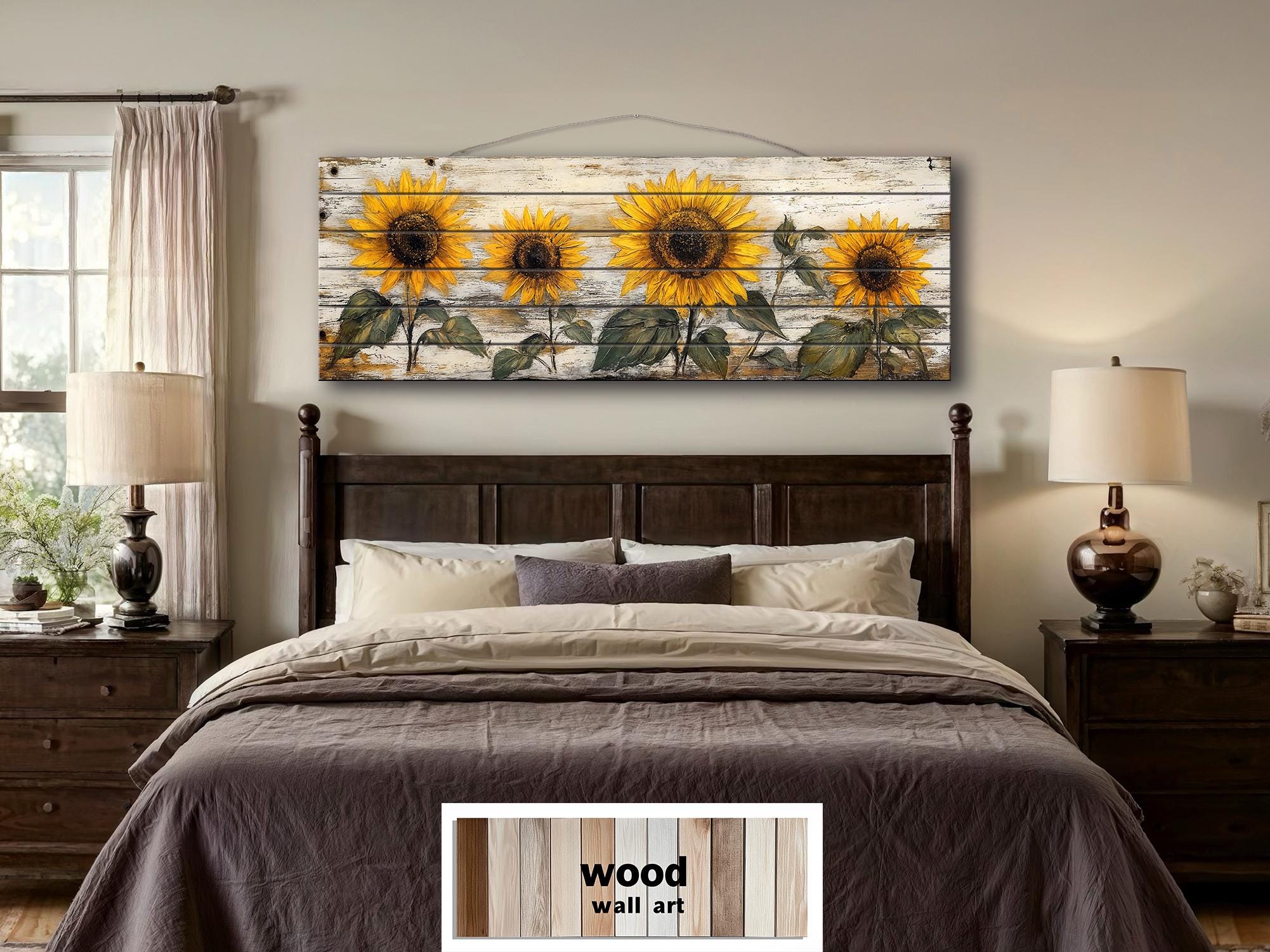Rustic Sunflower on Whitewashed Wood Panel Long Narrow Distressed Wood Wall Art
