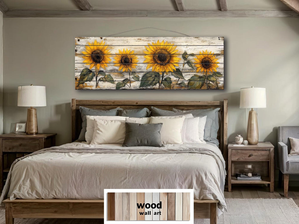 Rustic Sunflower on Whitewashed Wood Panel Long Narrow Distressed Wood Wall Art