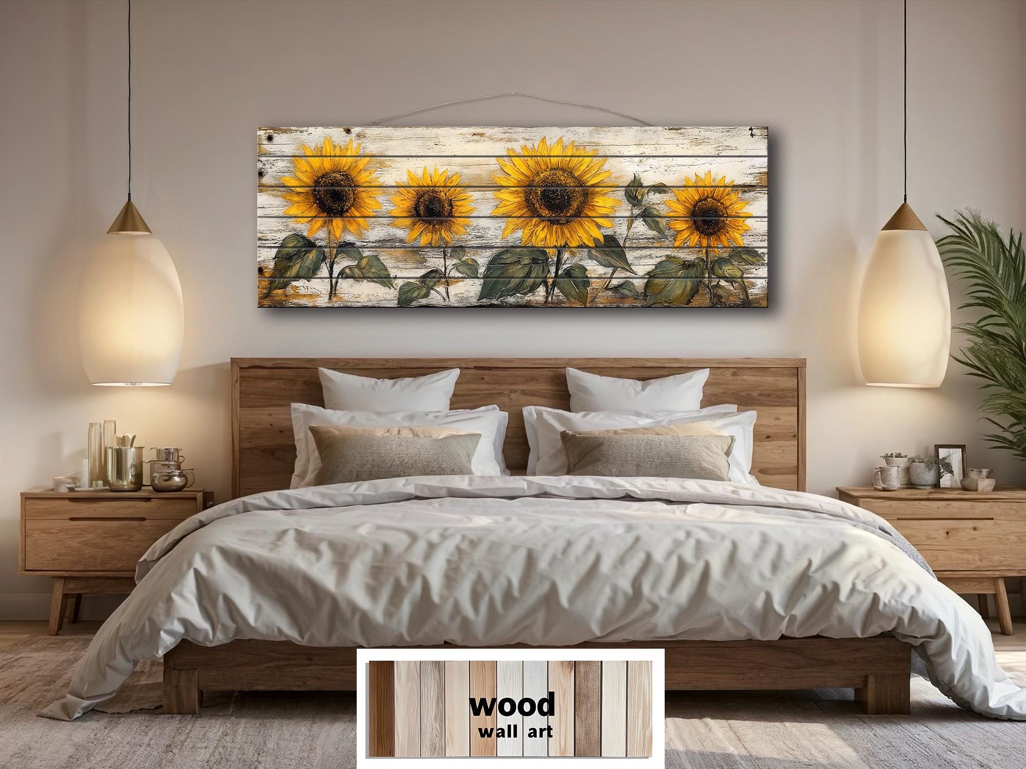 Rustic Sunflower on Whitewashed Wood Panel Long Narrow Distressed Wood Wall Art