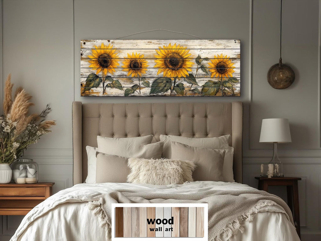 Rustic Sunflower on Whitewashed Wood Panel Long Narrow Distressed Wood Wall Art