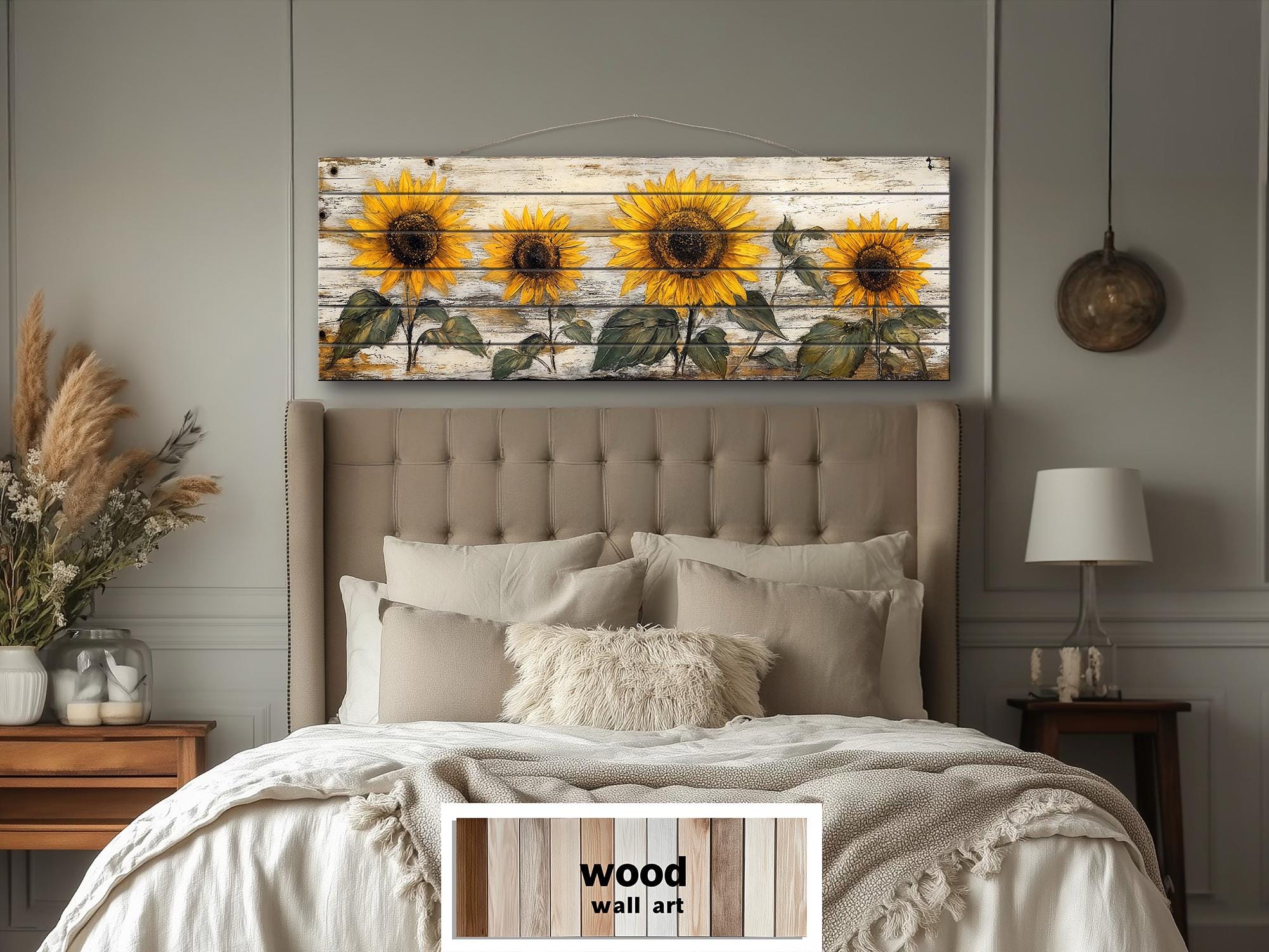 Rustic Sunflower on Whitewashed Wood Panel Long Narrow Distressed Wood Wall Art