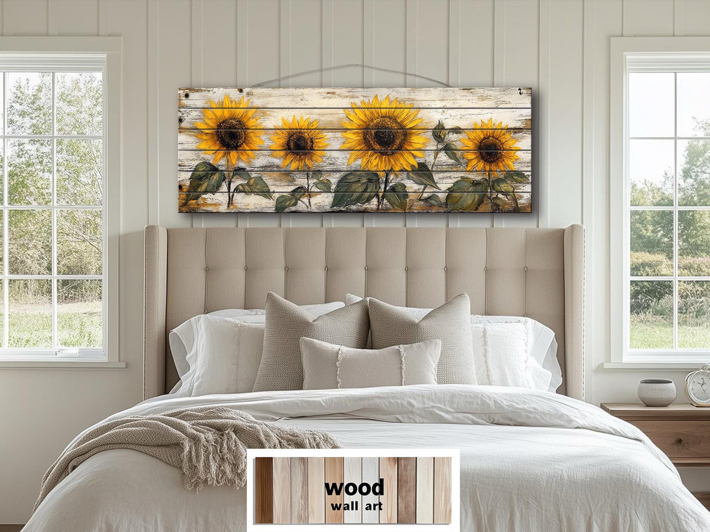 Rustic Sunflower on Whitewashed Wood Panel Long Narrow Distressed Wood Wall Art