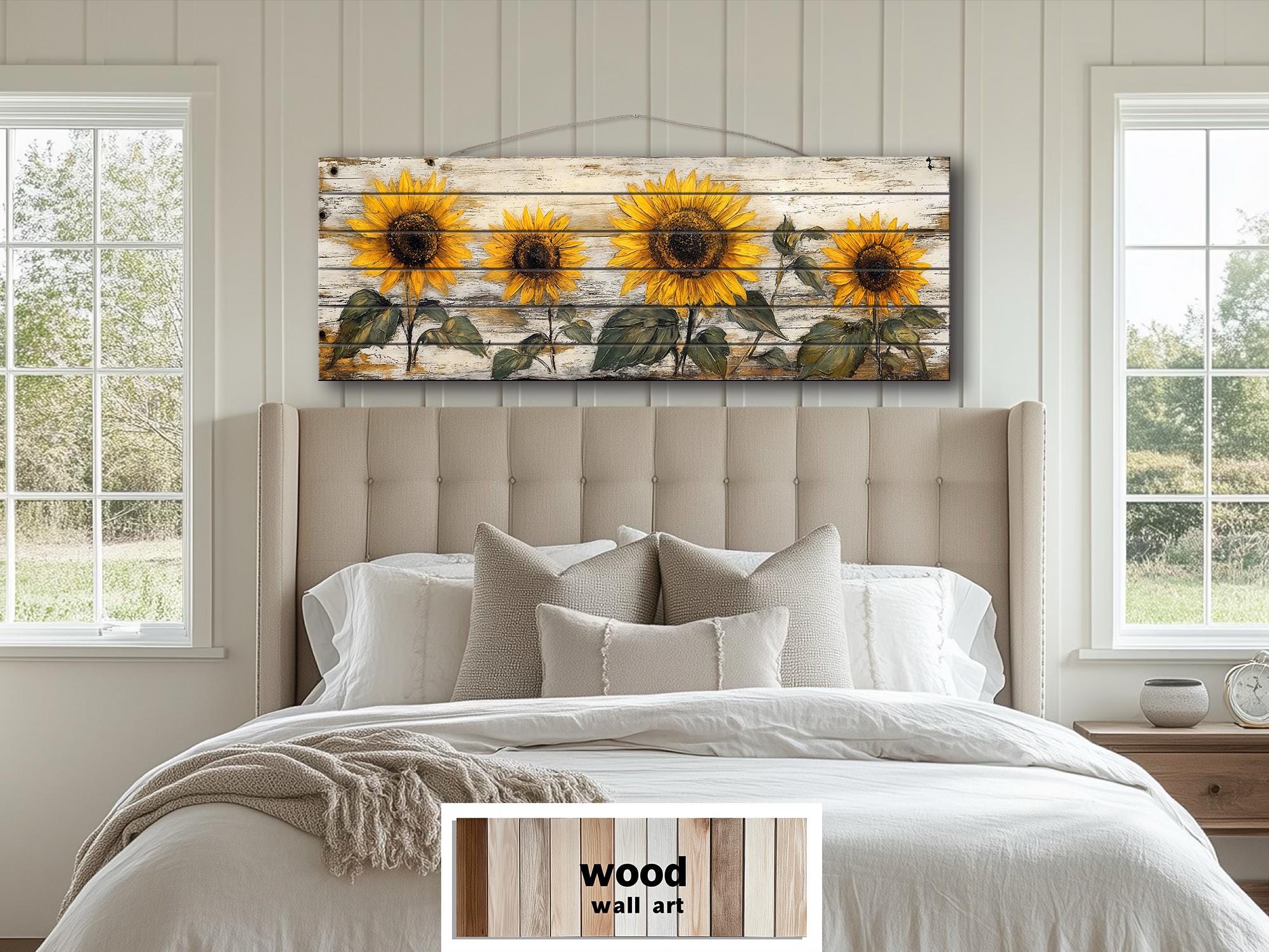 Rustic Sunflower on Whitewashed Wood Panel Long Narrow Distressed Wood Wall Art