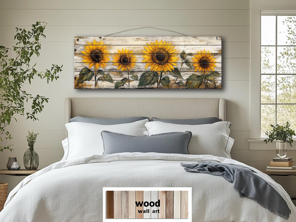 Rustic Sunflower on Whitewashed Wood Panel Long Narrow Distressed Wood Wall Art