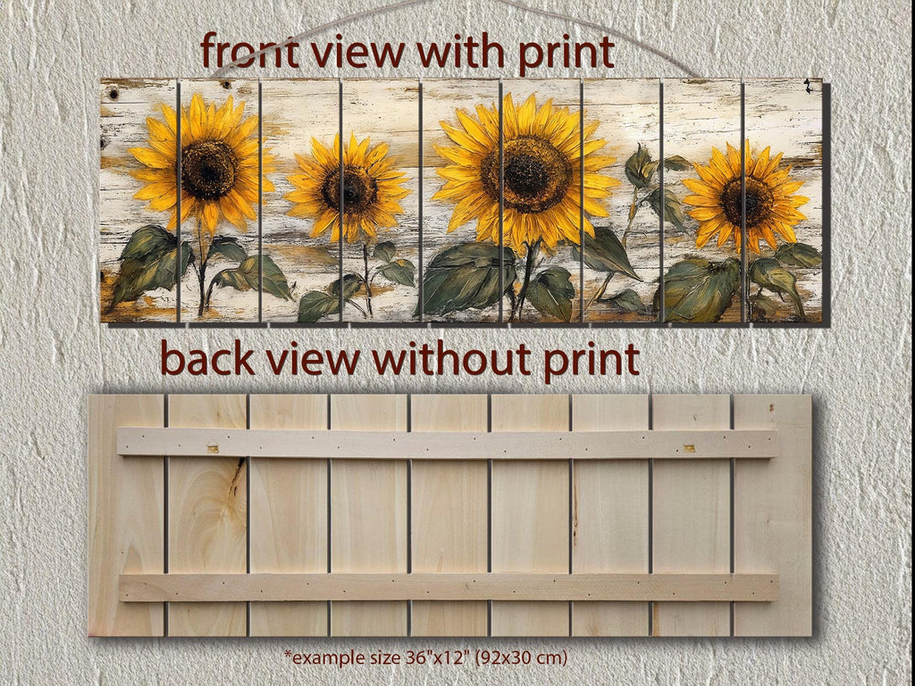 Rustic Sunflower on Whitewashed Wood Panel Long Narrow Distressed Wood Wall Art