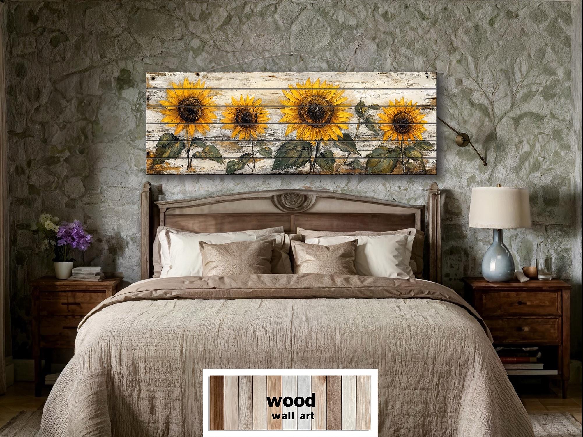 Rustic Sunflower on Whitewashed Wood Panel Long Narrow Distressed Wood Wall Art