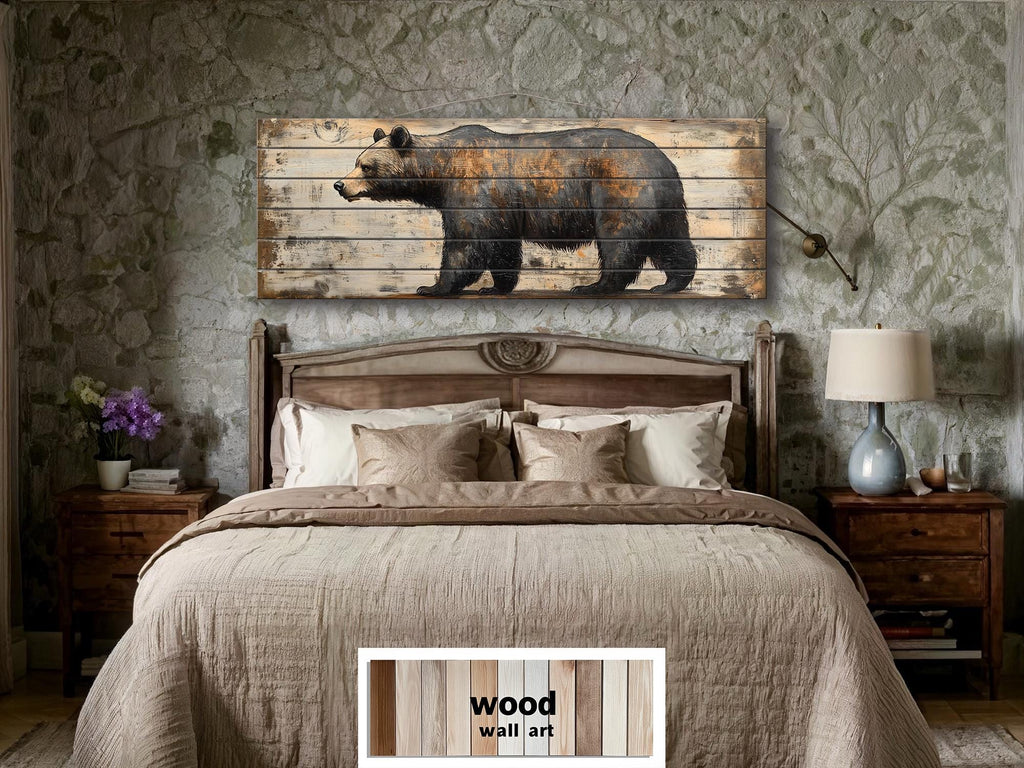 Rustic Walking Bear Real Wood Long Horizontal Wall Art For Cabin Decor
