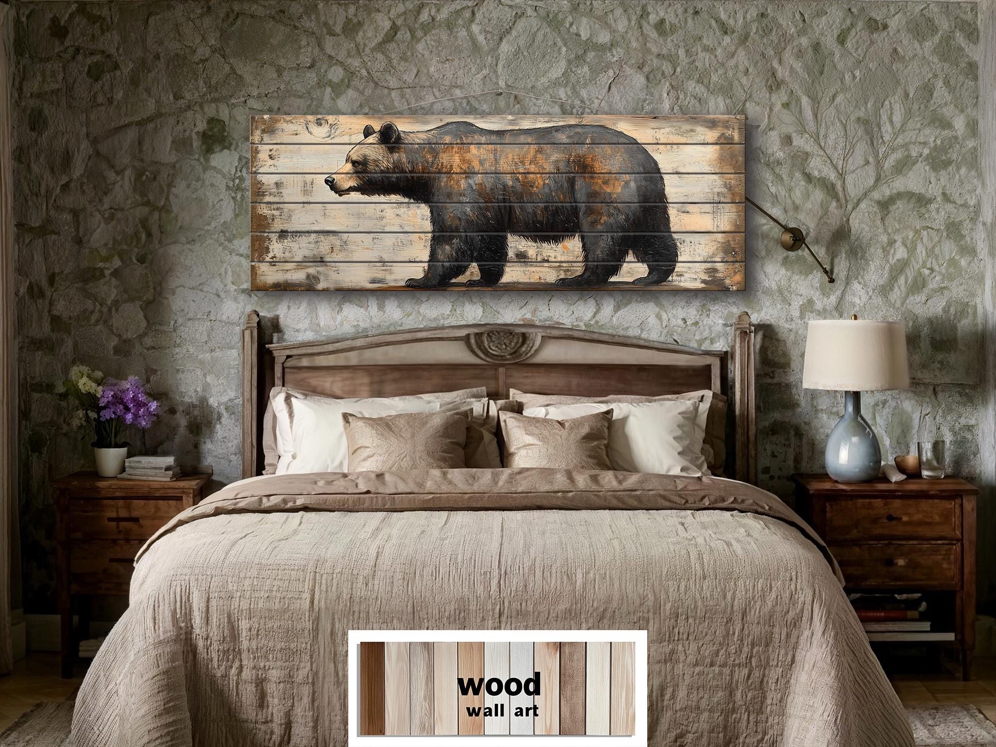 Rustic Walking Bear Real Wood Long Horizontal Wall Art For Cabin Decor