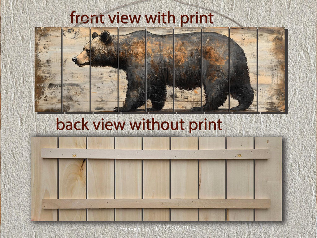 Rustic Walking Bear Real Wood Long Horizontal Wall Art For Cabin Decor