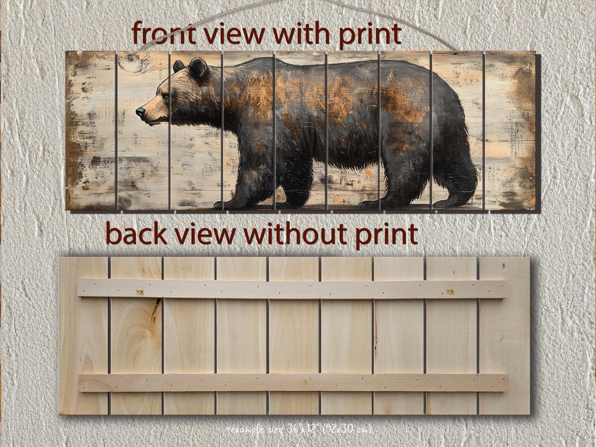 Rustic Walking Bear Real Wood Long Horizontal Wall Art For Cabin Decor