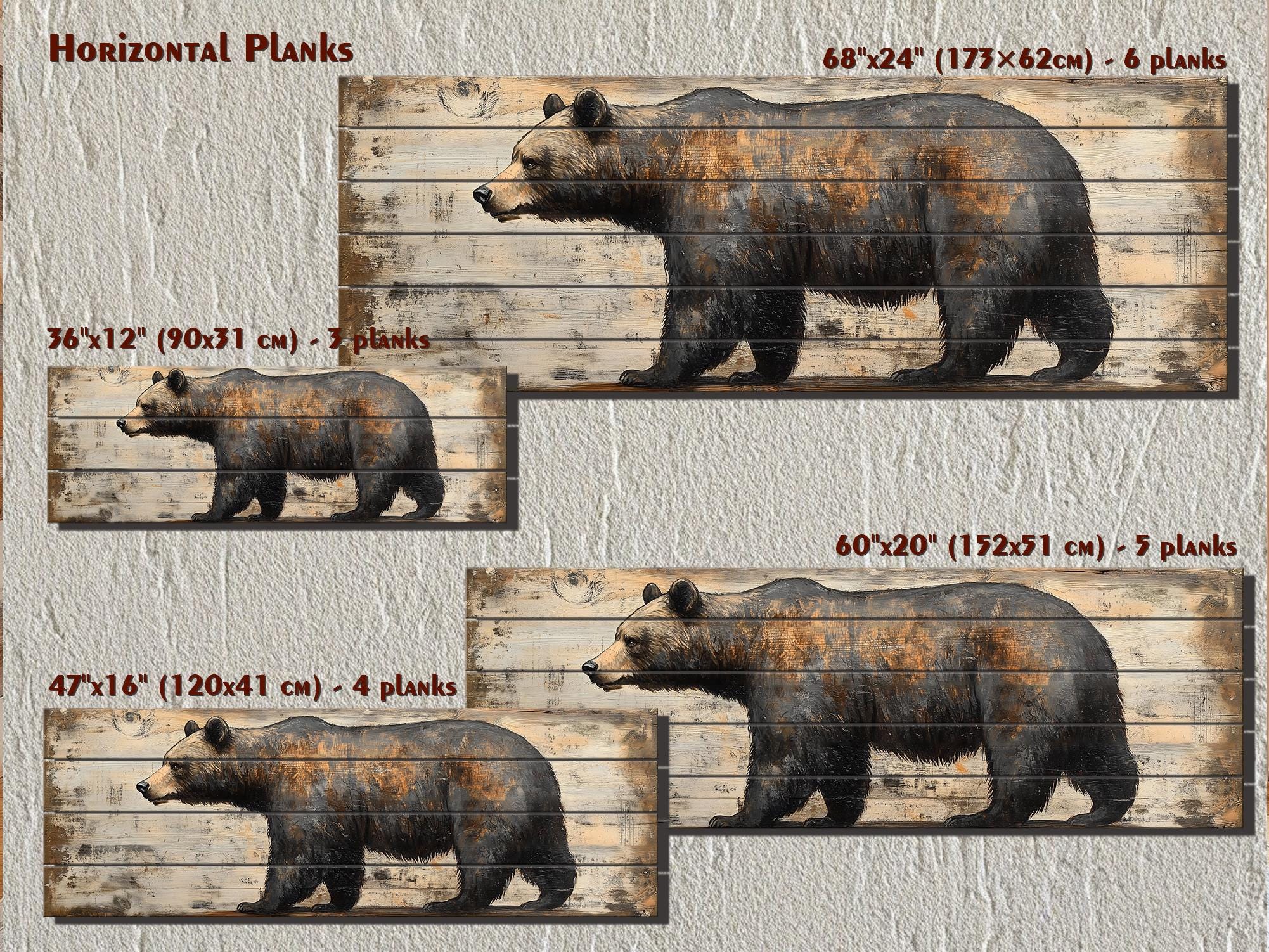 Rustic Walking Bear Real Wood Long Horizontal Wall Art For Cabin Decor