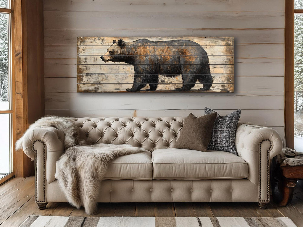 Rustic Walking Bear Real Wood Long Horizontal Wall Art For Cabin Decor
