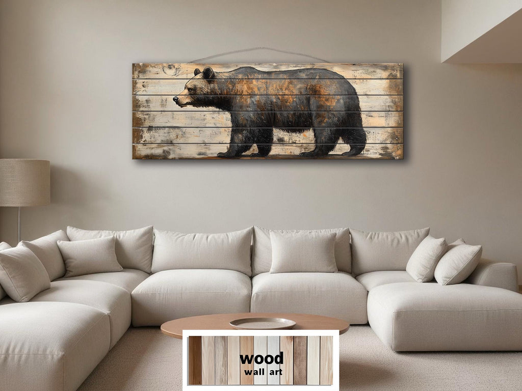 Rustic Walking Bear Real Wood Long Horizontal Wall Art For Cabin Decor