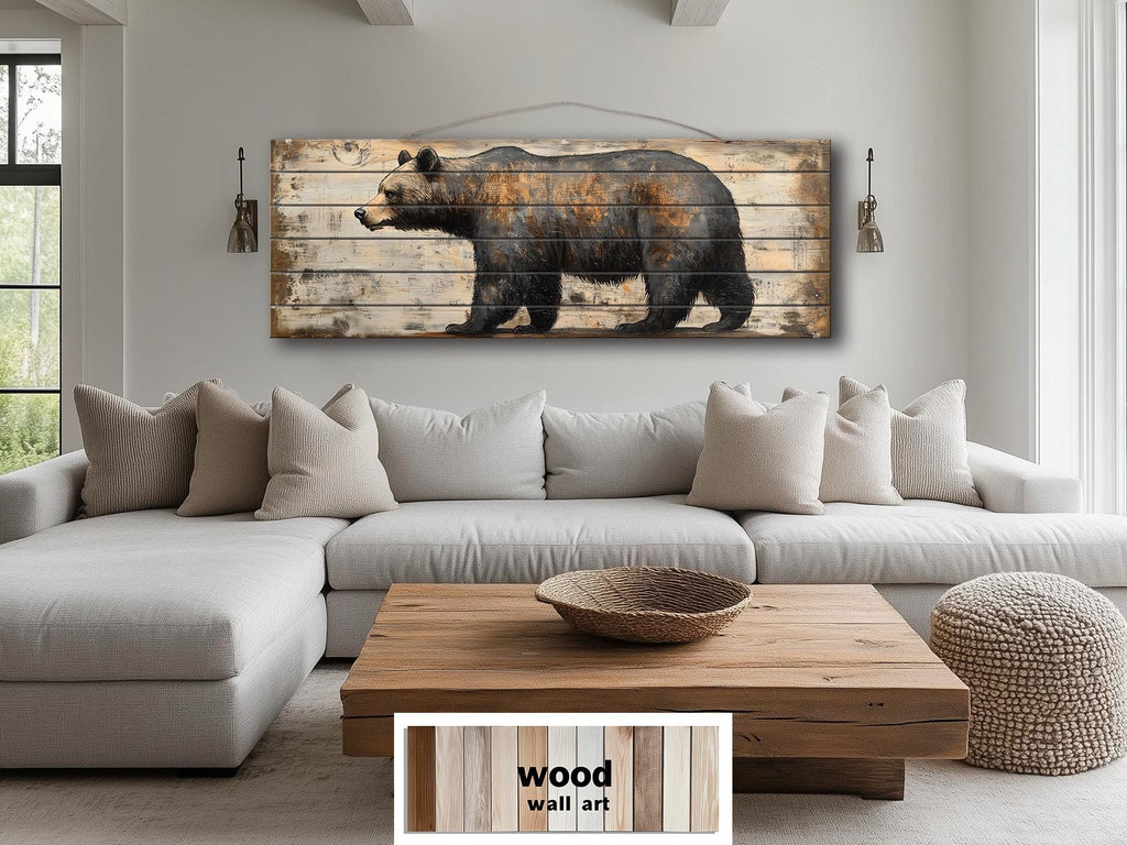 Rustic Walking Bear Real Wood Long Horizontal Wall Art For Cabin Decor