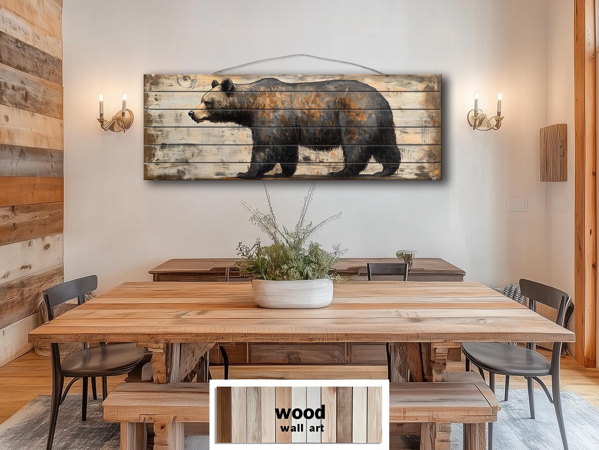 Rustic Walking Bear Real Wood Long Horizontal Wall Art For Cabin Decor