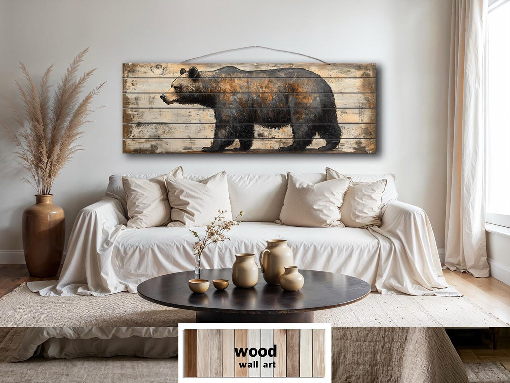 Rustic Walking Bear Real Wood Long Horizontal Wall Art For Cabin Decor