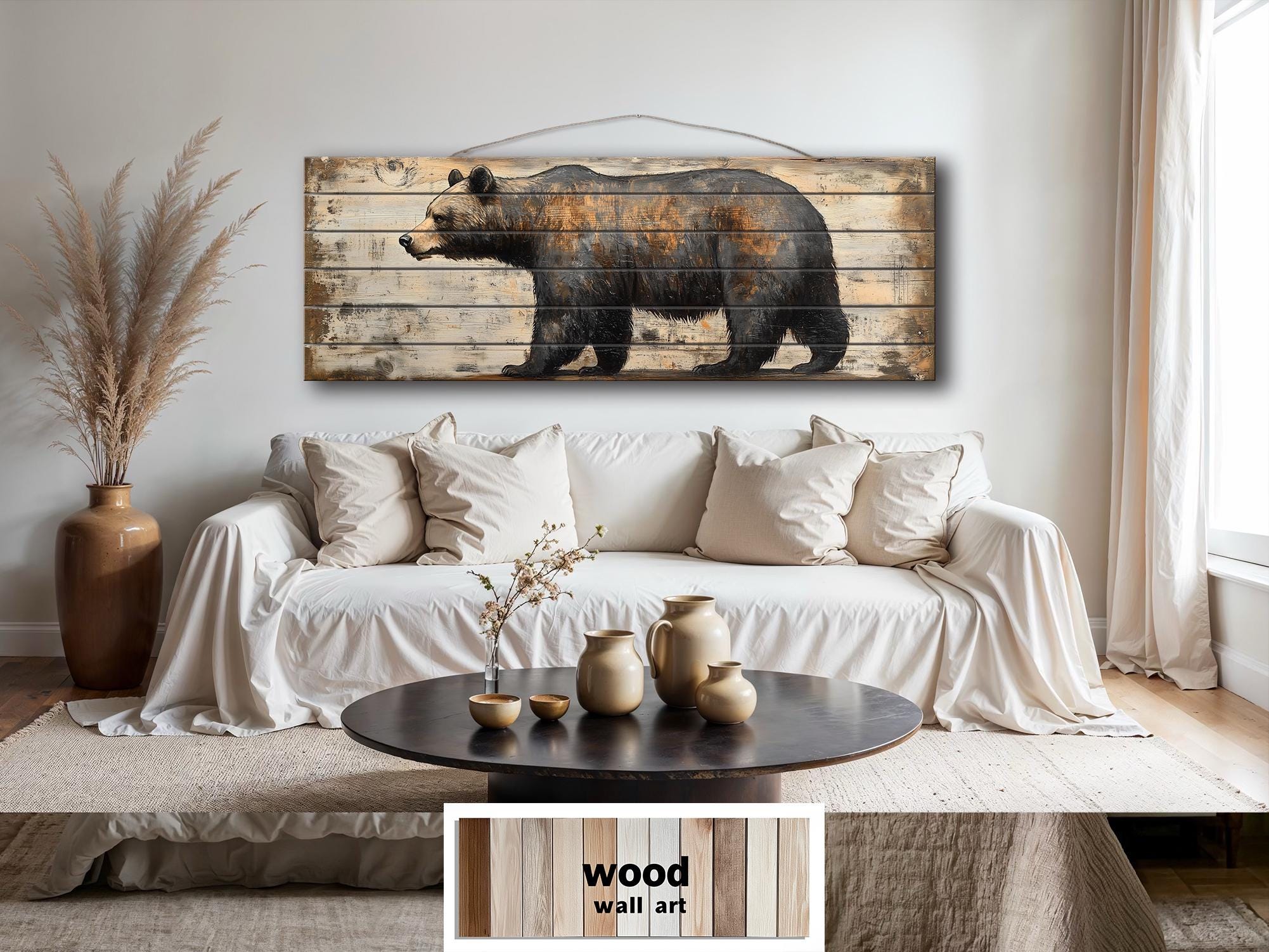 Rustic Walking Bear Real Wood Long Horizontal Wall Art For Cabin Decor