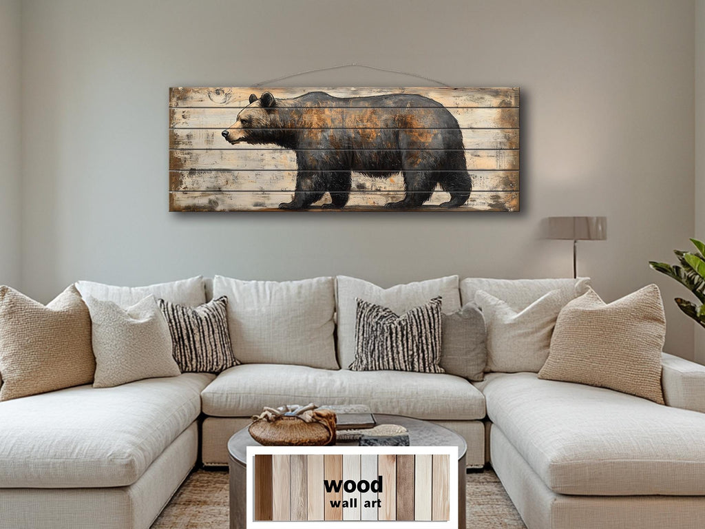 Rustic Walking Bear Real Wood Long Horizontal Wall Art For Cabin Decor