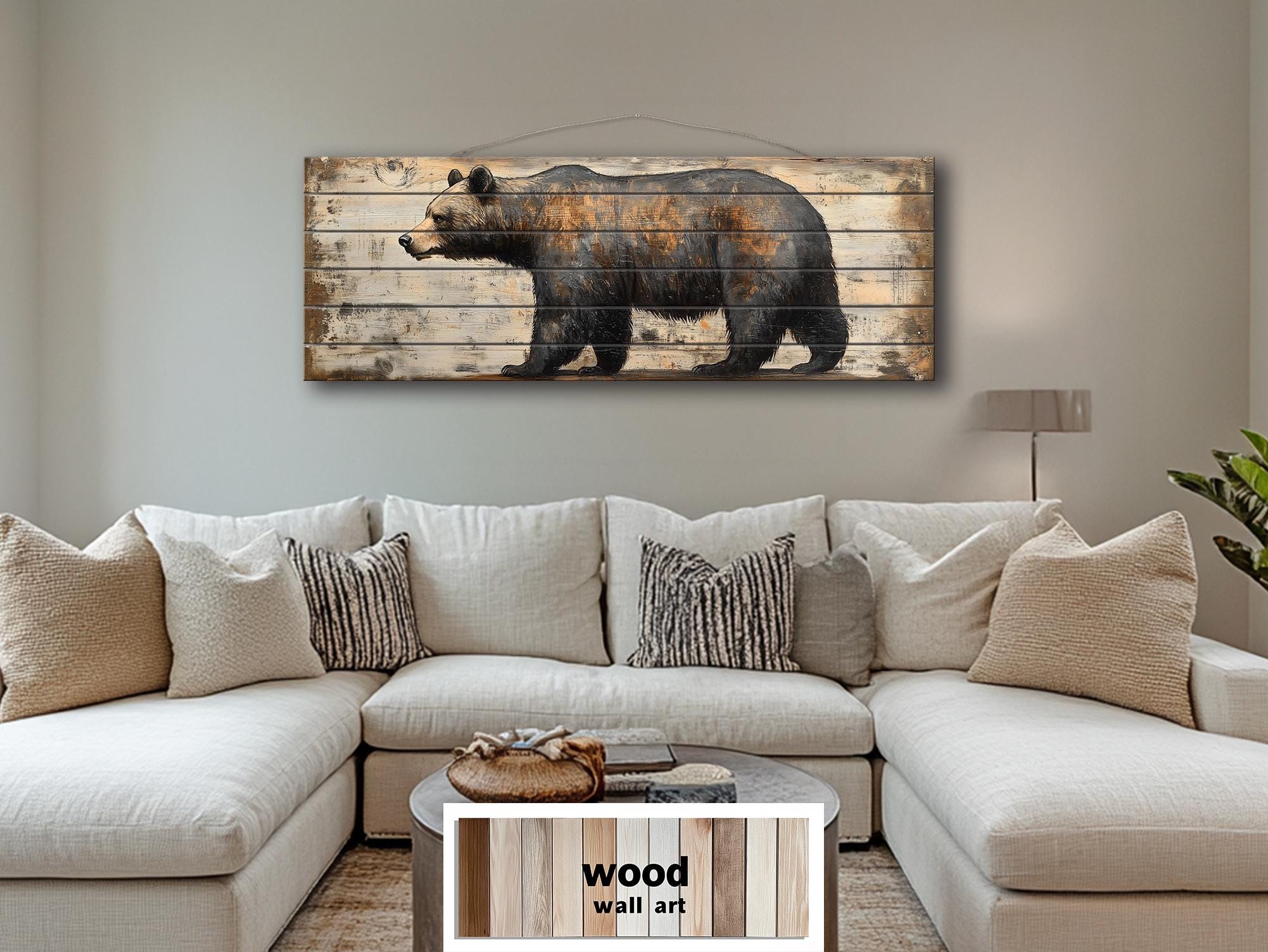 Rustic Walking Bear Real Wood Long Horizontal Wall Art For Cabin Decor
