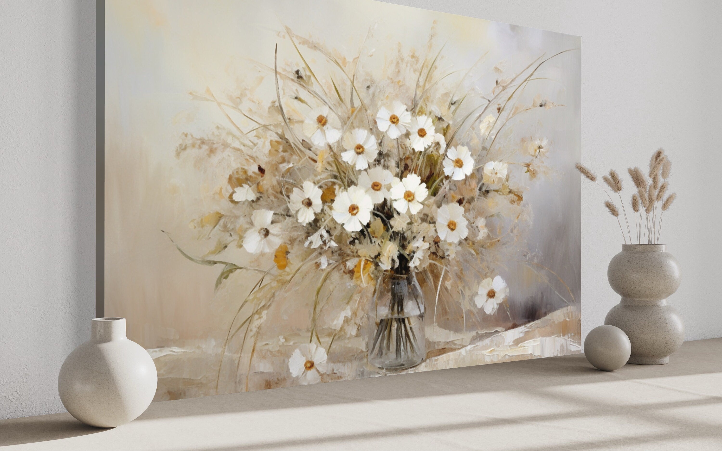 Rustic Wildflowers Bouquet Neutral Framed Canvas Wall Art For Farmhouse
