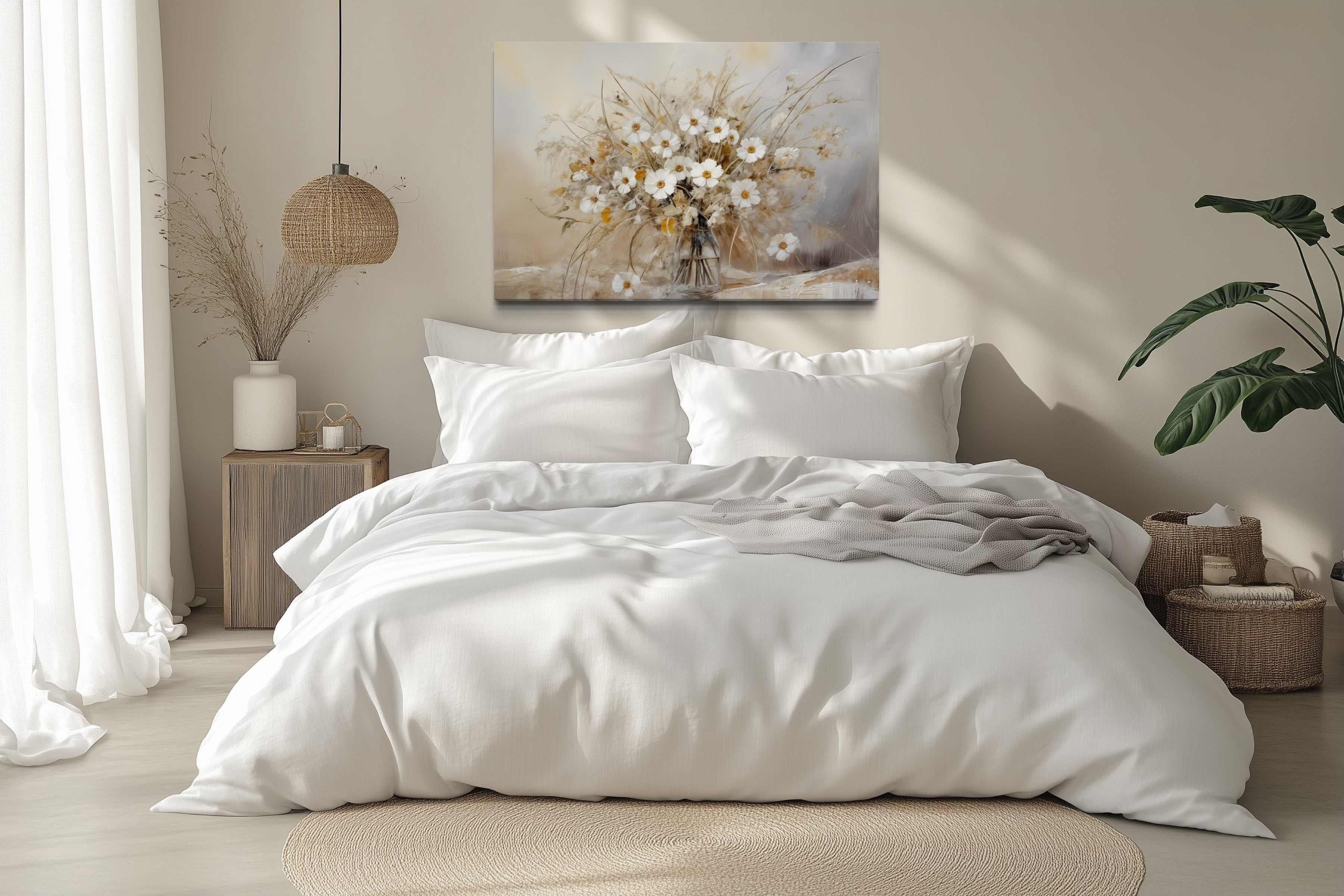Rustic Wildflowers Bouquet Neutral Framed Canvas Wall Art For Farmhouse