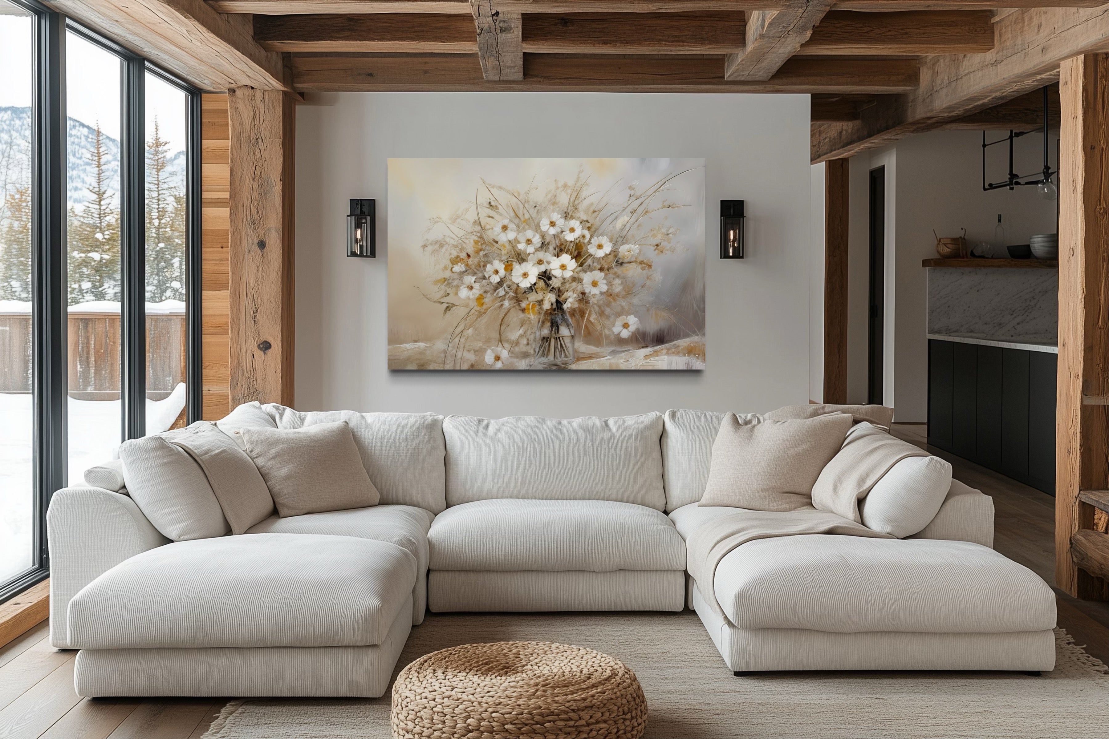 Rustic Wildflowers Bouquet Neutral Framed Canvas Wall Art For Farmhouse