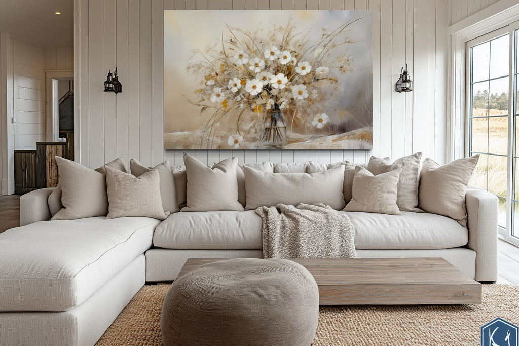 Rustic Wildflowers Bouquet Neutral Framed Canvas Wall Art For Farmhouse