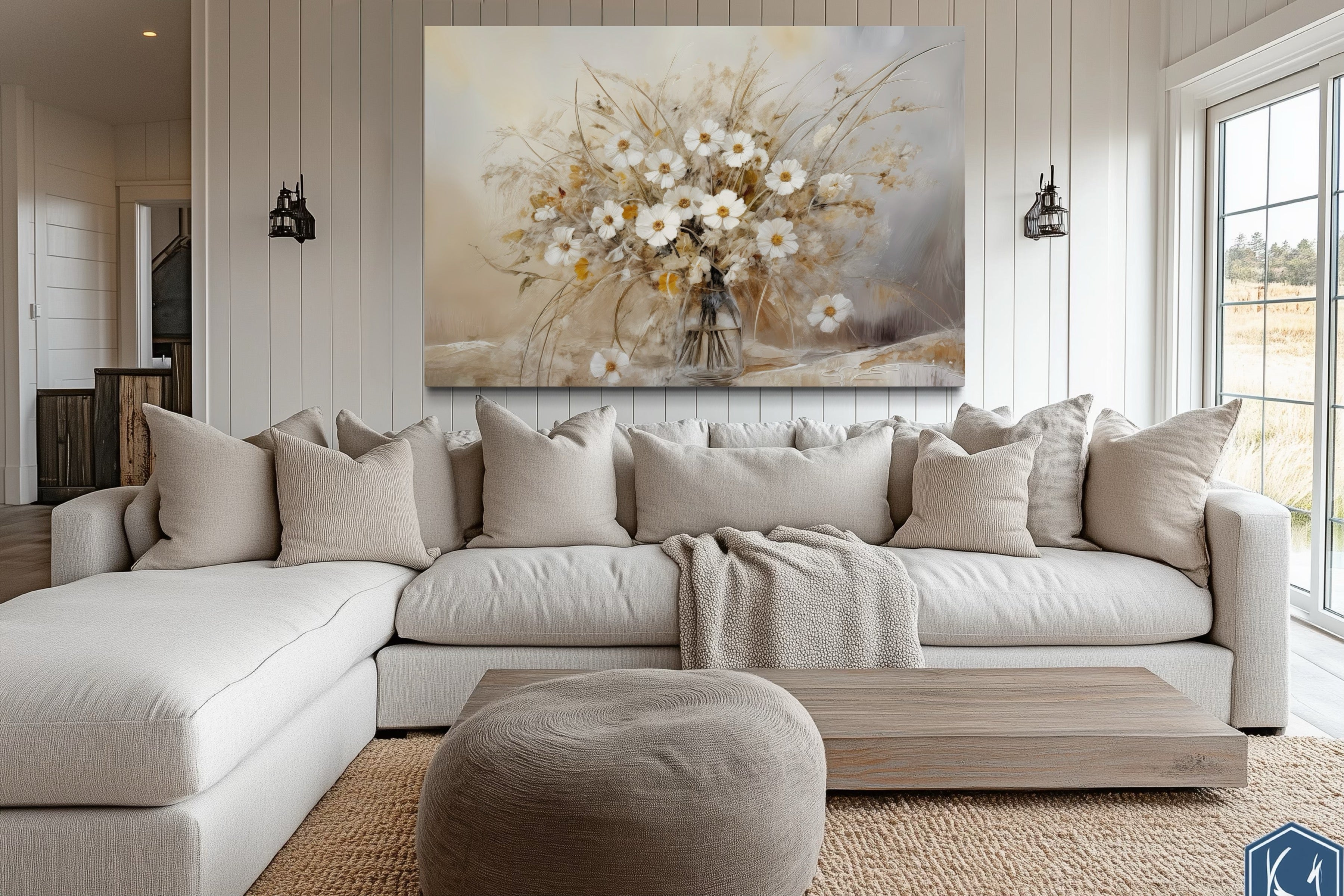 Rustic Wildflowers Bouquet Neutral Framed Canvas Wall Art For Farmhouse