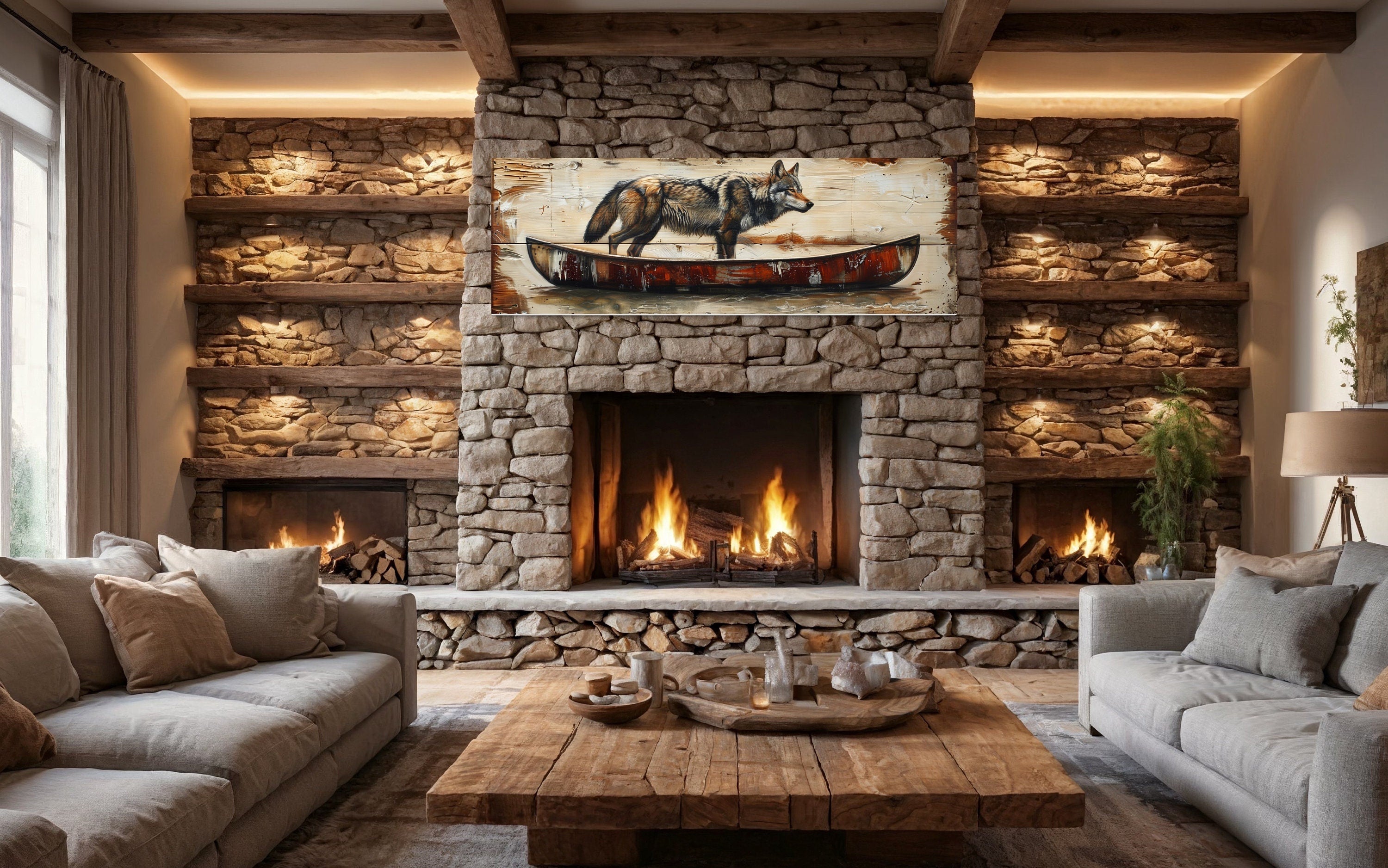 Rustic Wolf In Canoe  Long Horizontal Framed Canvas Wall Art