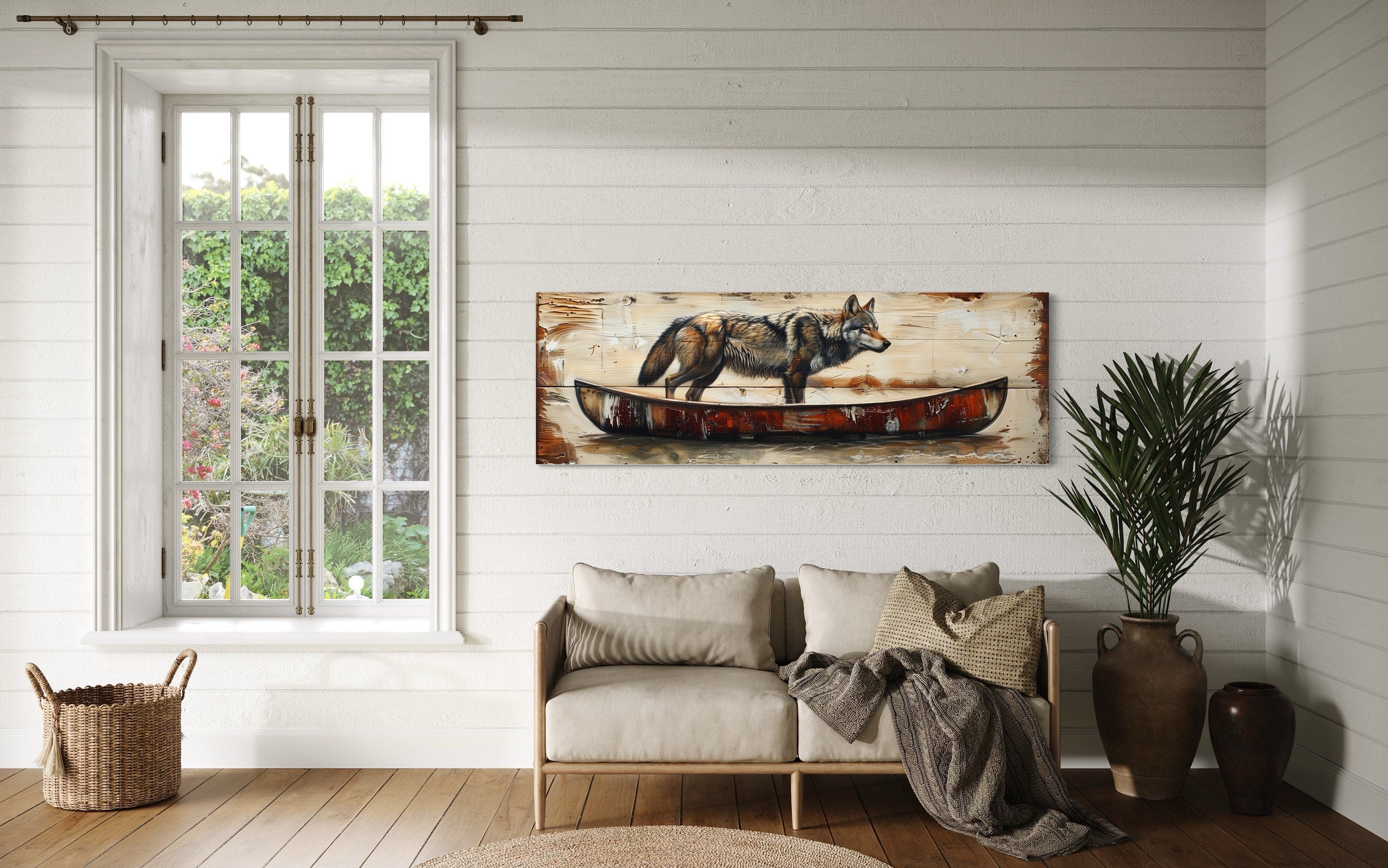 Rustic Wolf In Canoe  Long Horizontal Framed Canvas Wall Art