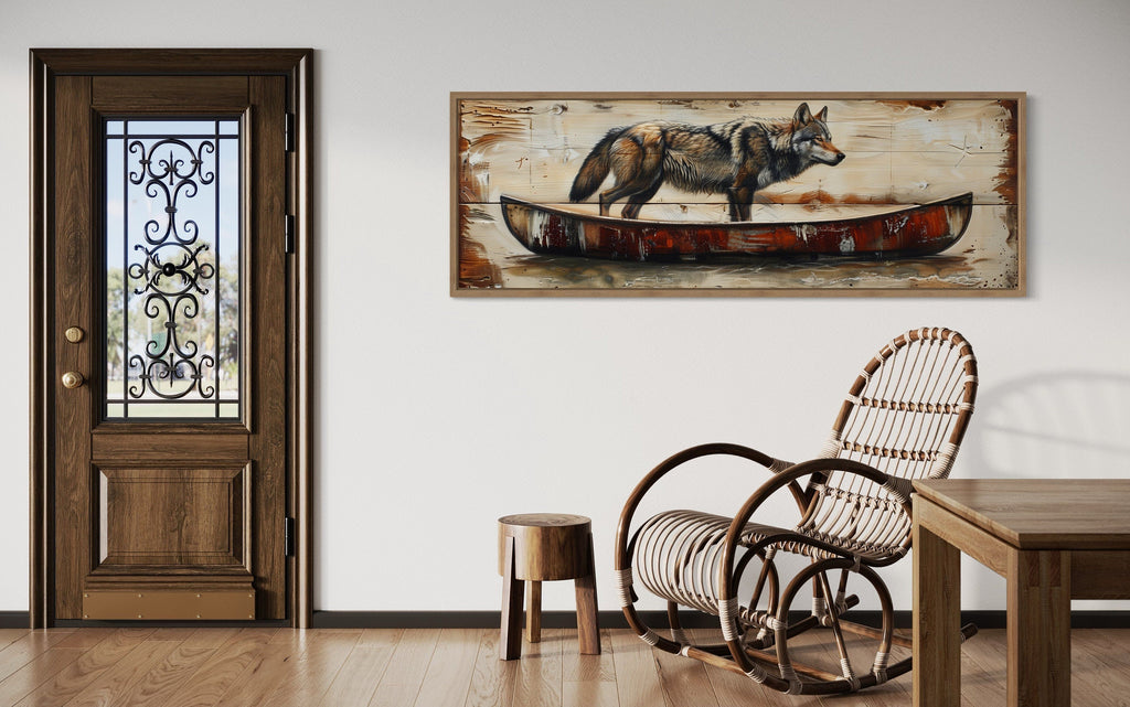 Rustic Wolf In Canoe  Long Horizontal Framed Canvas Wall Art