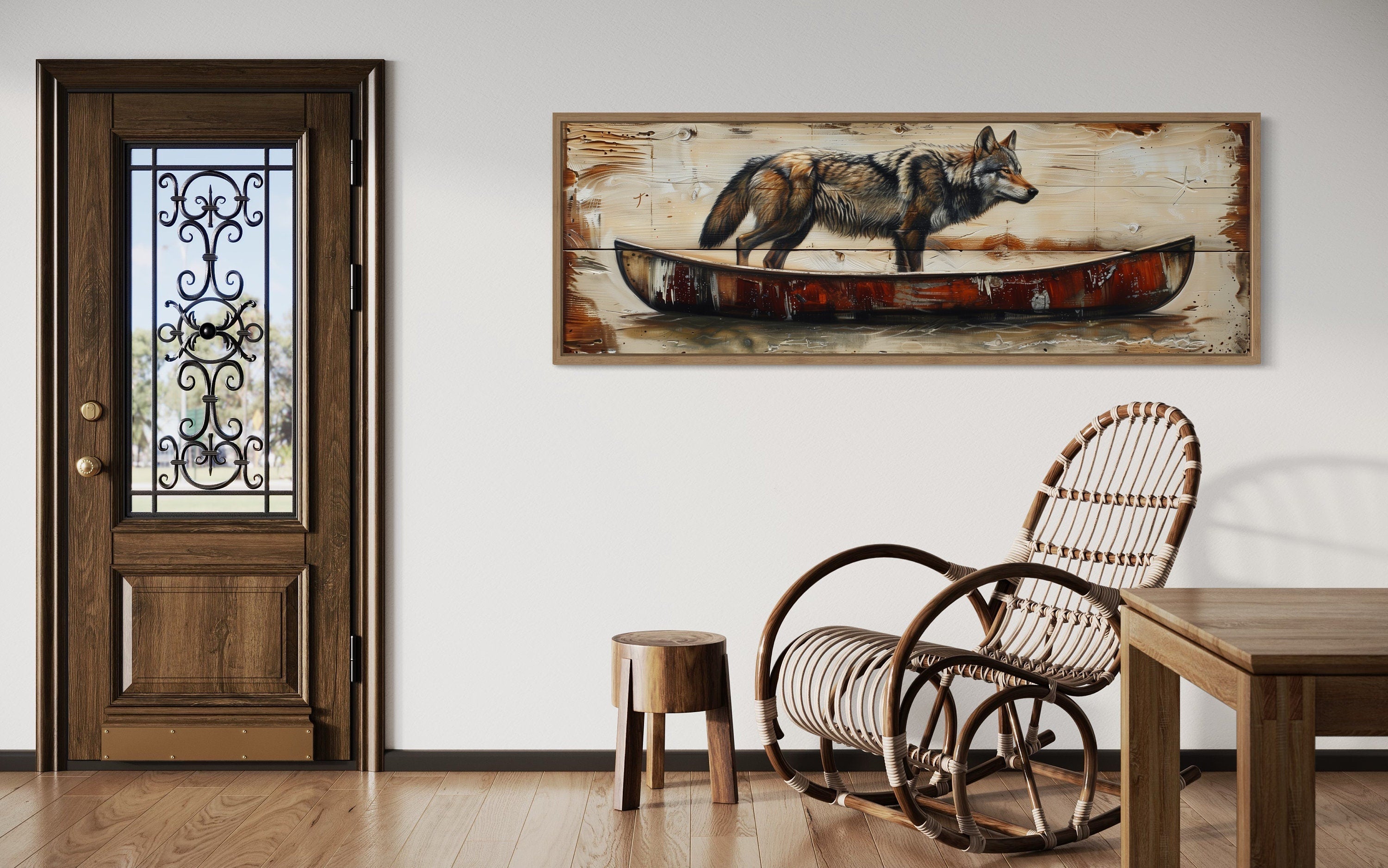Rustic Wolf In Canoe  Long Horizontal Framed Canvas Wall Art