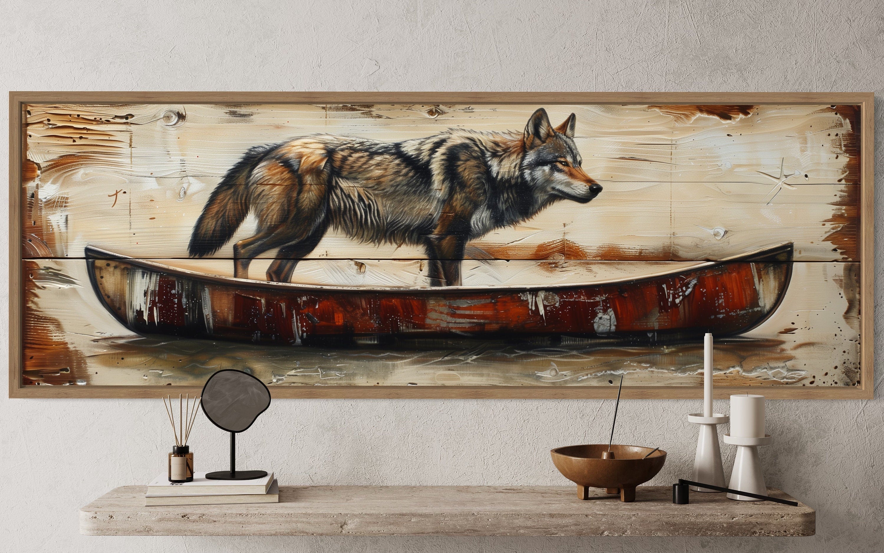 Rustic Wolf In Canoe  Long Horizontal Framed Canvas Wall Art