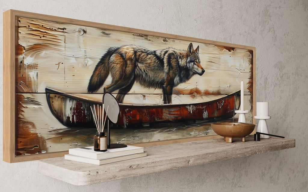 Rustic Wolf In Canoe  Long Horizontal Framed Canvas Wall Art