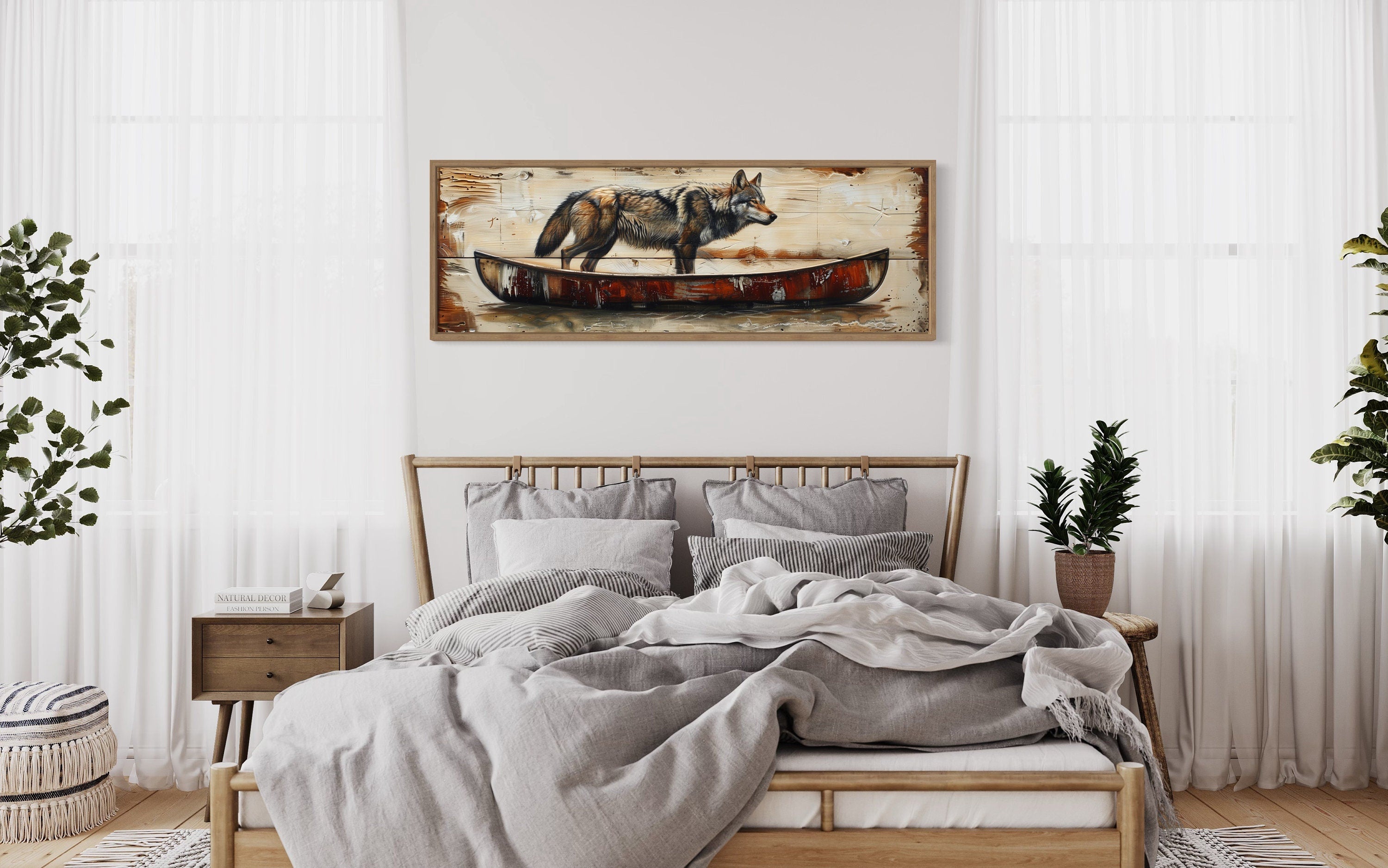 Rustic Wolf In Canoe  Long Horizontal Framed Canvas Wall Art