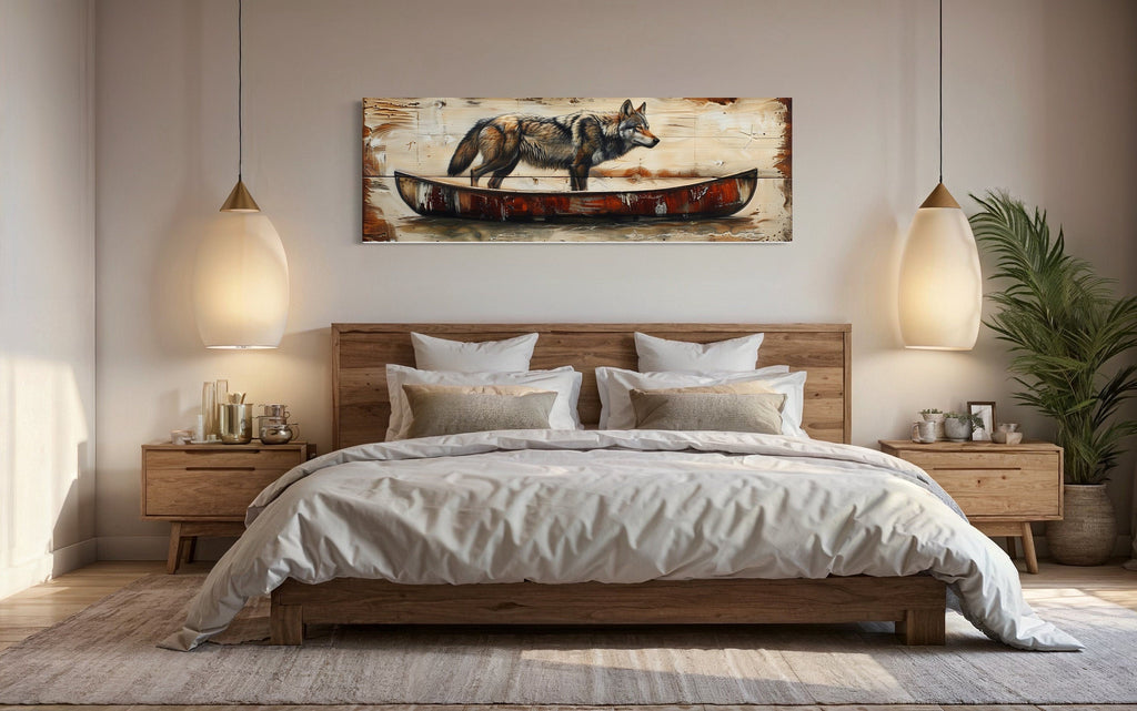 Rustic Wolf In Canoe  Long Horizontal Framed Canvas Wall Art