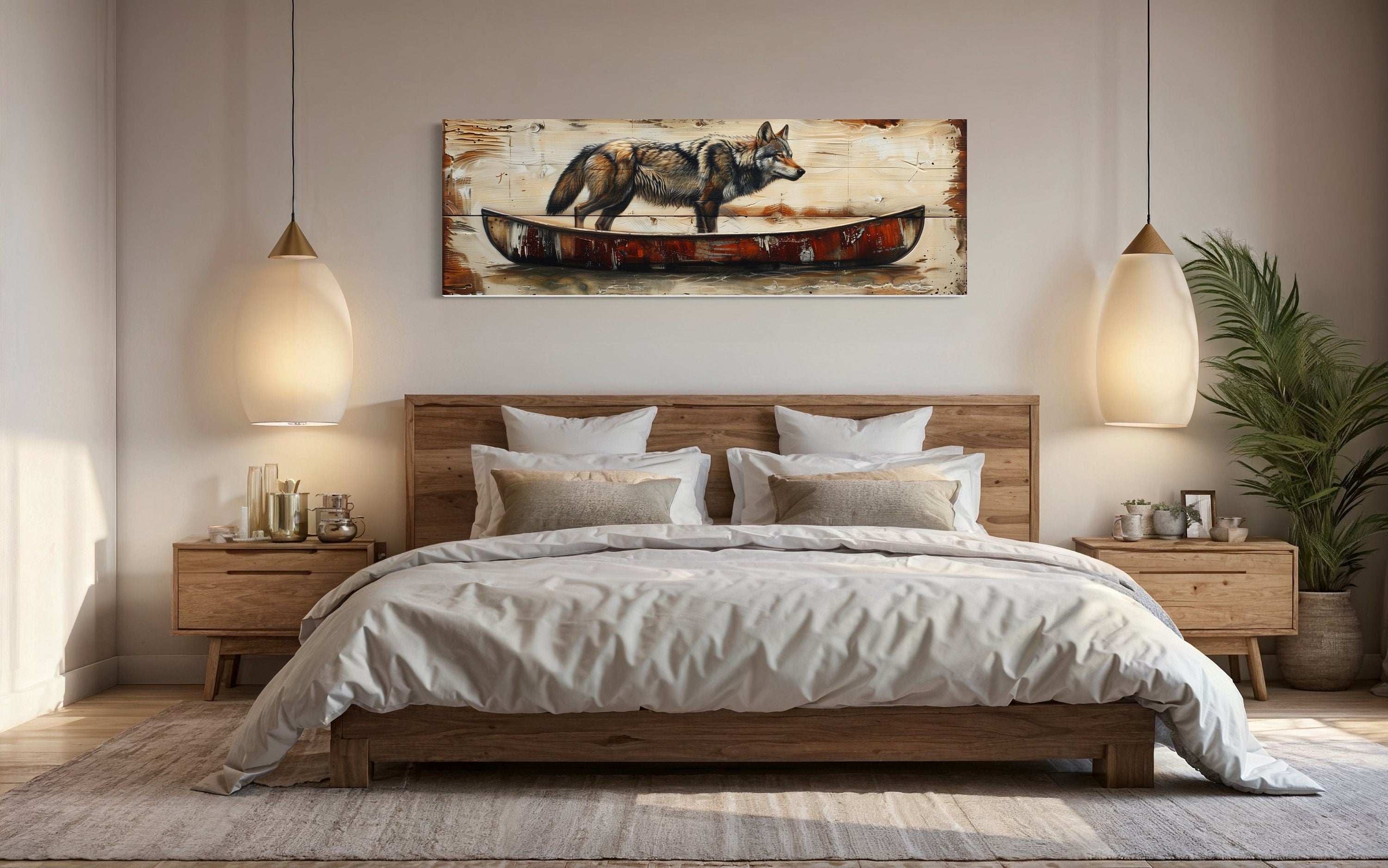 Rustic Wolf In Canoe  Long Horizontal Framed Canvas Wall Art