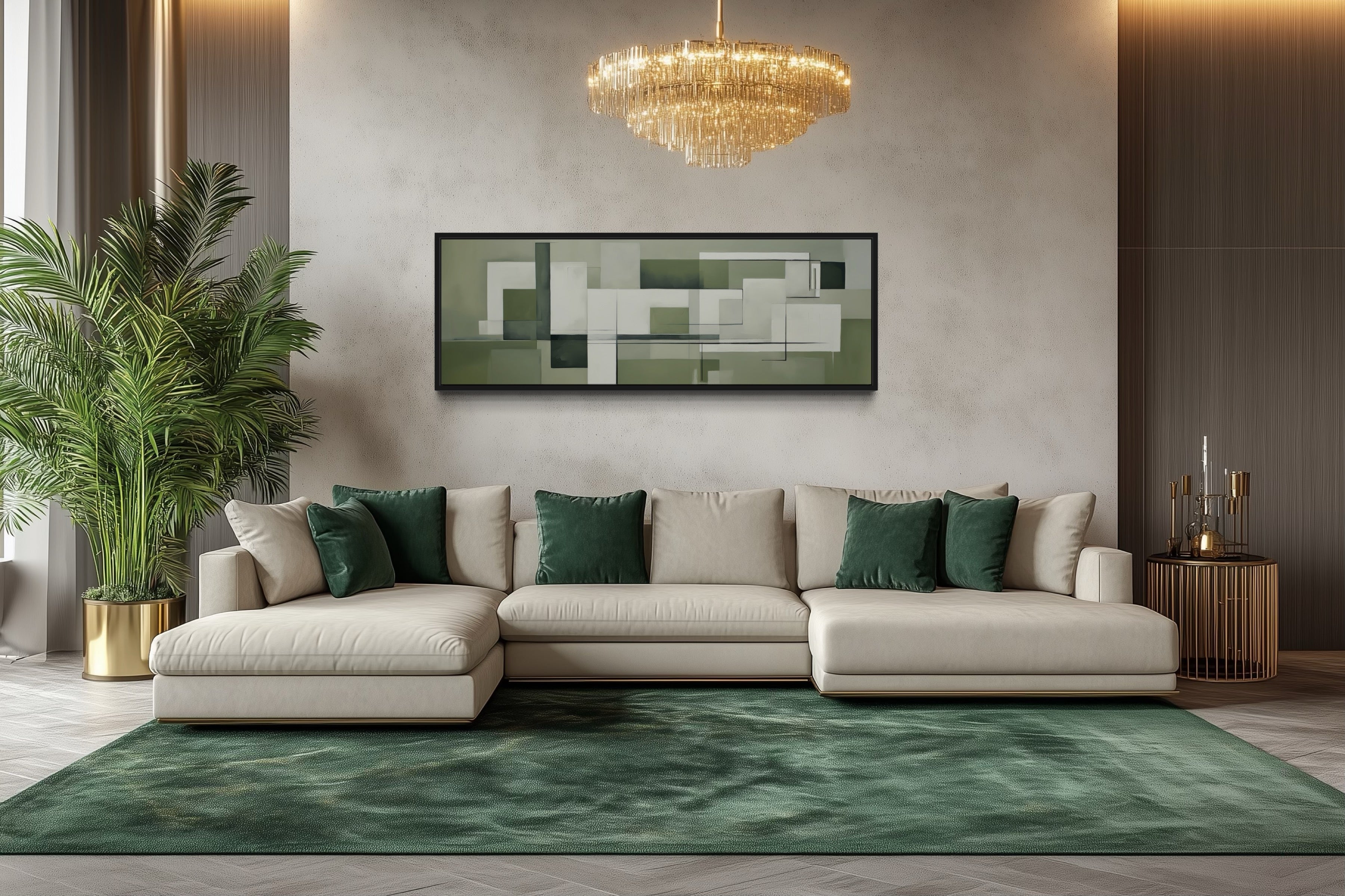 Sage Green Geometric Bauhaus Above Bed Long Horizontal Wall Art